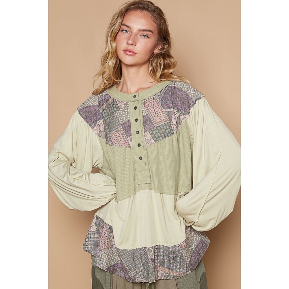 POL LAST 1! PISTACHIO Ballon Sleeve Jersey Knit Top with Contrast!